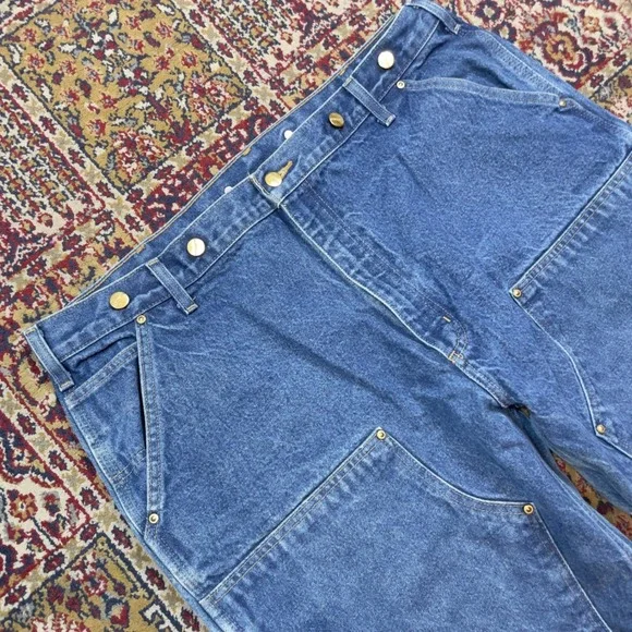 Carhartt B07 DNM Double Knee Logger Dungaree Jeans Blue Denim 42x30 Mens Baggy - Picture 3 of 7